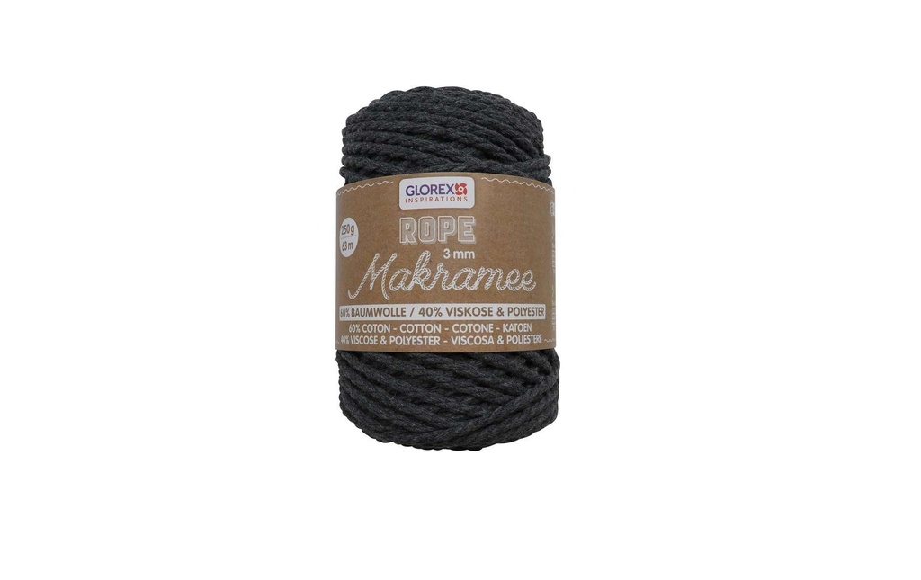 Glorex Laine Macramé Corde tordue 3 mm, 250 g, Anthracite