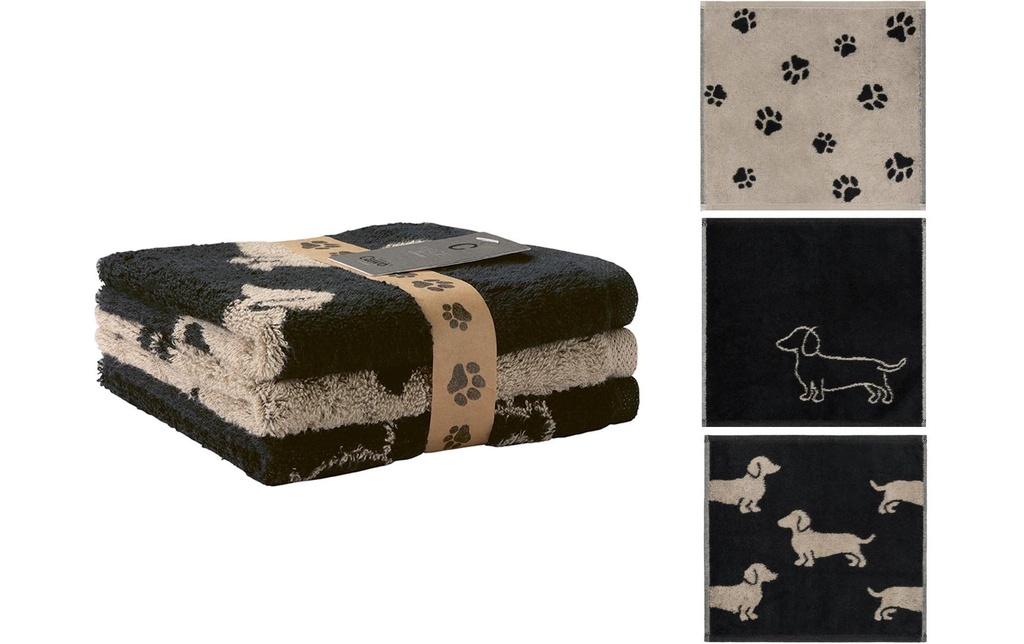 Cawö Lavettes We Love Dogs Mix (paquet de 3), 30 x 30, Noir