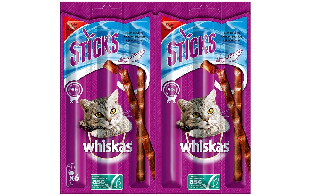 Whiskas Collation pour chat Bâtonnets de saumon, 6 x 6g