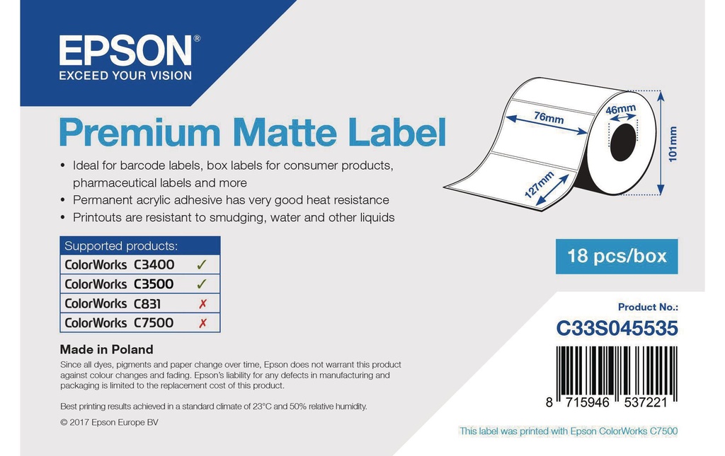 Epson Rouleau à étiquettes Premium 76 x 127 mm