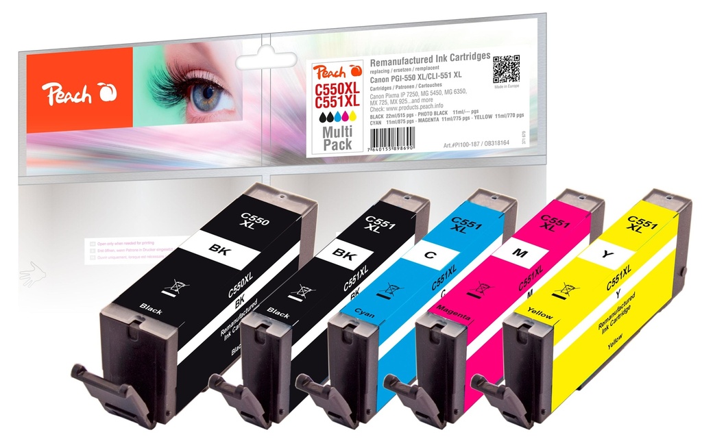 Peach Encre Canon PGI-550XL/CLI-551XL,Multi-Pack C, M, Y, BK