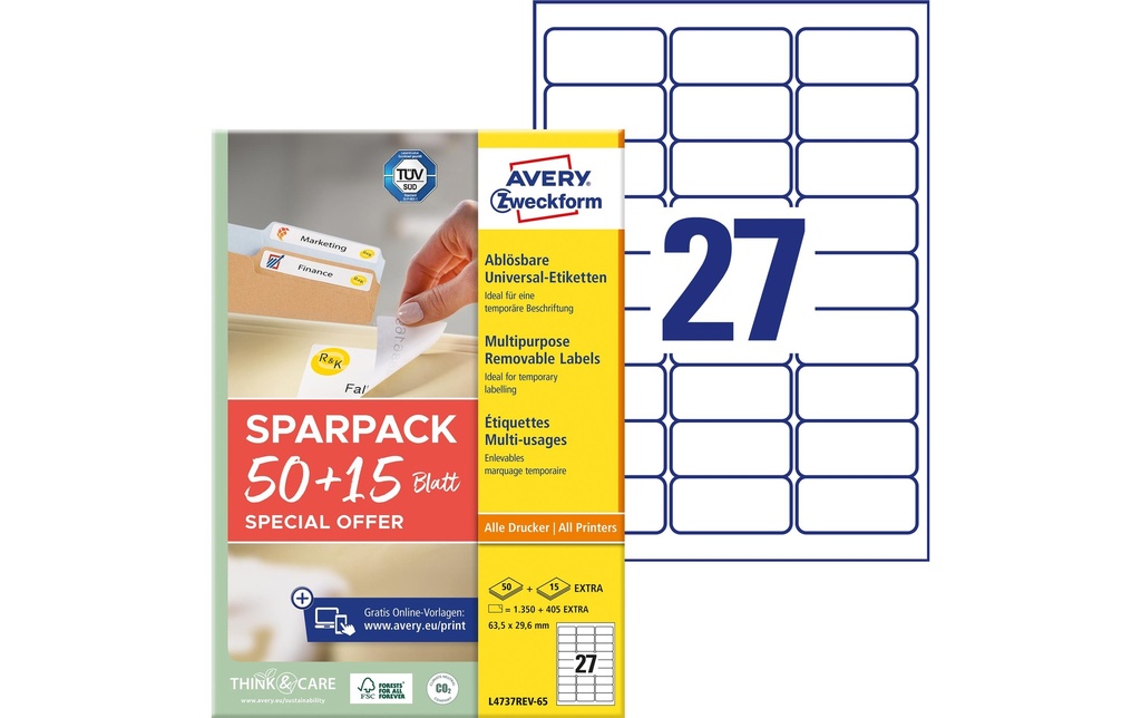 Avery Zweckform Étiquettes universelles L4737REV-65, 63.5 x 29.6 mm, 65 feuille