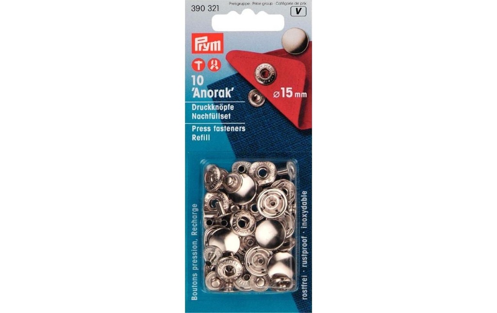 Prym Boutons poussoirs Anorak Argent, 15 mm