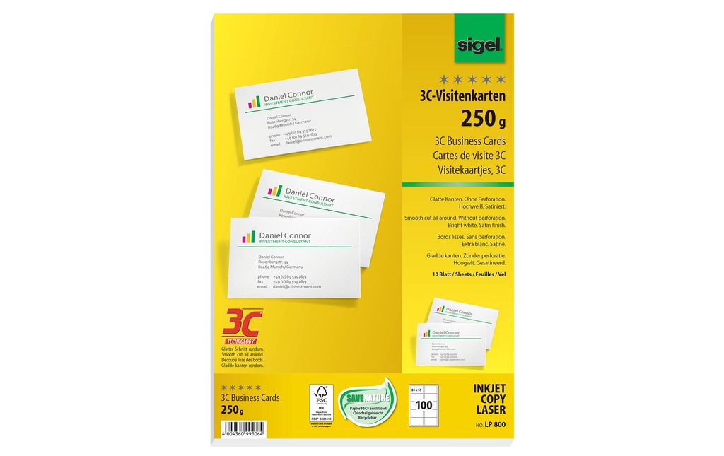 Sigel Étiquettes de cartes de visite 8.5 x 5.5 cm, 10 feuilles, 250 g, blanc