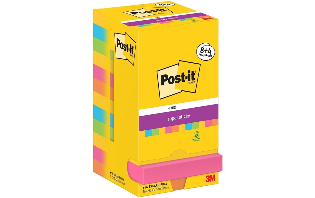 Post-it Fiche de bloc-notes Super Sticky 76 x 76 mm, Carnival, 12 blocs