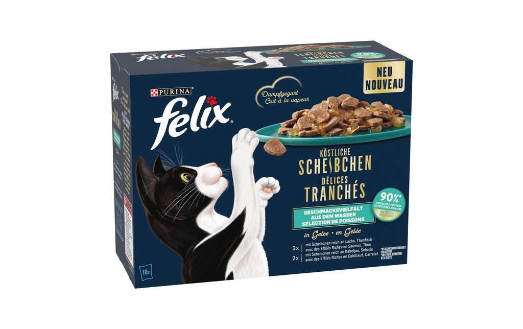 Felix Alimentation humide Délicieuses tranches de poisson en gelée, 10 x 80 g