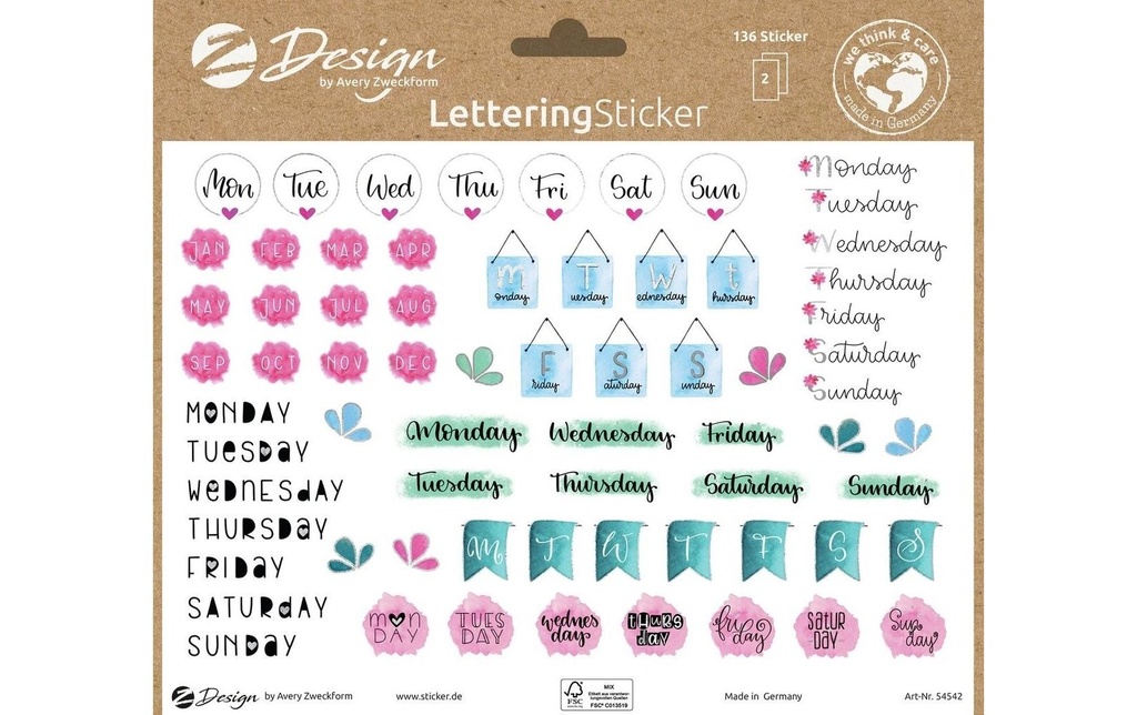 Z-Design Autocollant à motif A5 Lettering Jours & mois, Multicolore, 136 autocollants