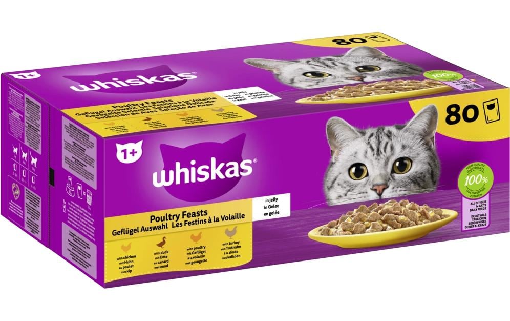Whiskas 1+ Volaille Sélection de 4 variétés en gelée 80 x 85 g