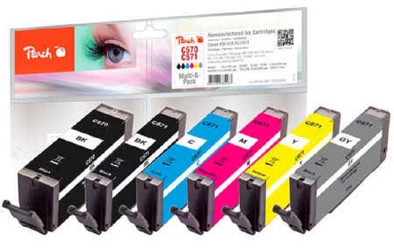 Peach Kits d’encre Canon 570XL/571XL, Multi-6-Pack BK/PBK/C/M/Y/G