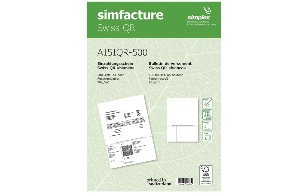 [266151500] SIMPLEX Simfacture Swiss QR A4 90g rec (500 pces)