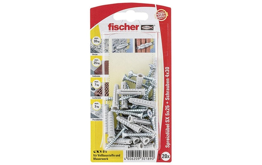 Fischer Chevilles SX 5 x 25 S, 20 Pièce/s