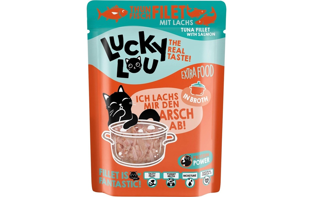 Lucky Lou Extra Food Thon &amp; Saumon en bouillon, 70 g