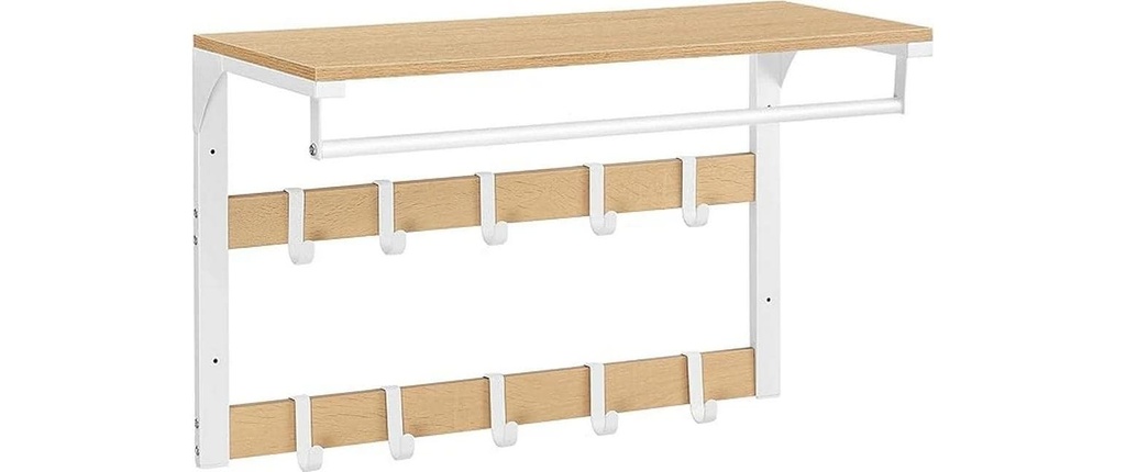 VASAGLE Portemanteau mural avec 10 crochets 65 cm x 42 cm, Blanc/Brun