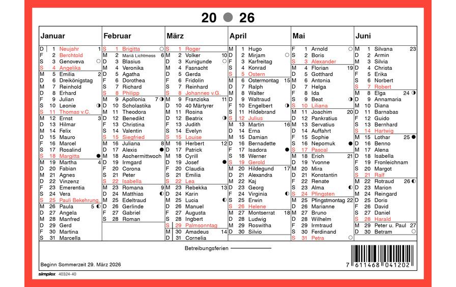 Simplex Calendrier avec les anniversaires A5 paysage, 2026