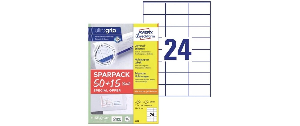 [268066020] AVERY ZWECKFORM Etiquettes 70x36mm, 50+15flls (65 pces)
