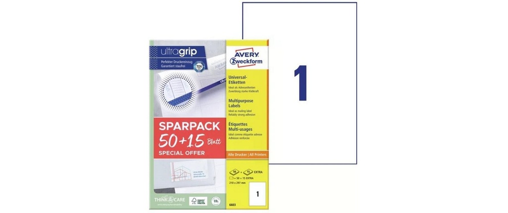 AVERY ZWECKFORM Etiquettes 210x297mm,50+15flls (65 pces)