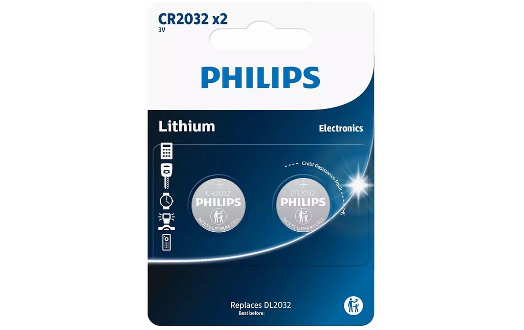 Philips Pile bouton Lithium CR2032 , 2 Pièce/s