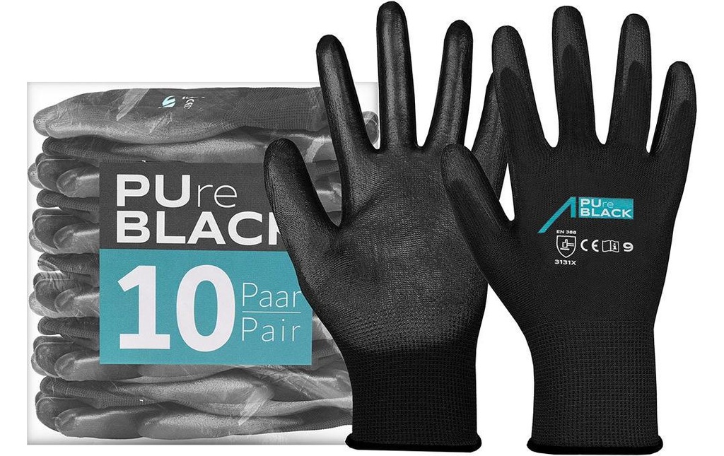 ACE Gant de travail 10 paires de PureBlack PU Taille: L, Noir
