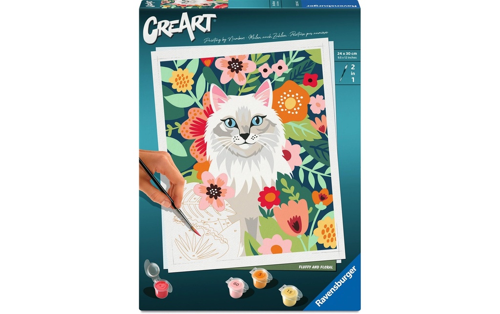 Ravensburger Peinture par numéros Set Chat blanc et fleurs 24 x 30 cm