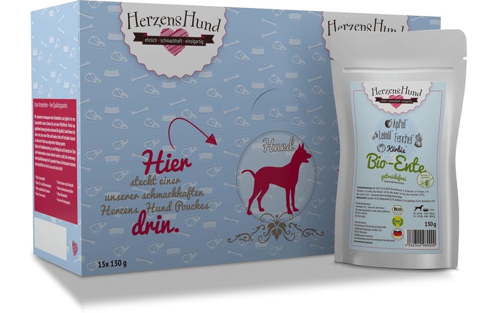 HerzensHund Alimentation humide Canard bio sans céréales avec légumes bio, 130 g