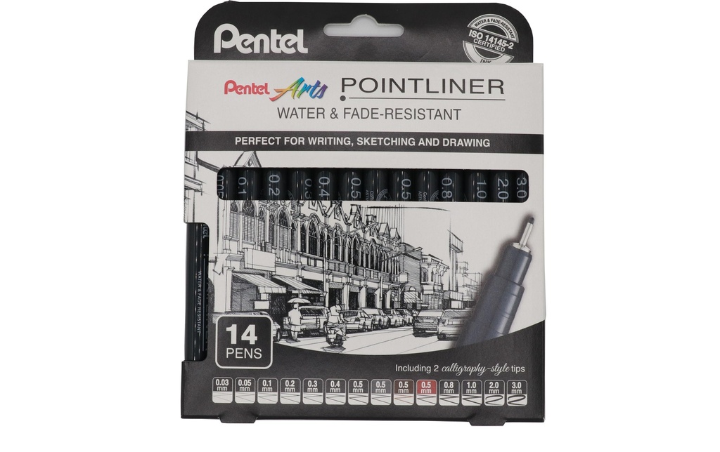 pentel Fineliner Pigment Pointliner Noir, Lot de 14