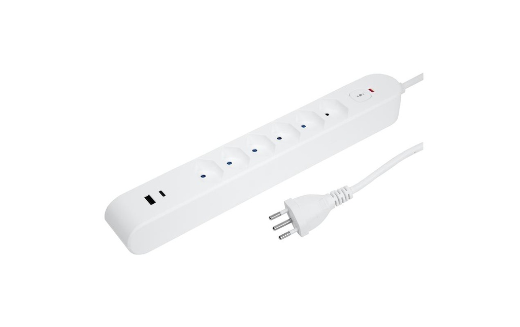 STEFFEN Bloc multiprises IQ 6 x T13, USB-A+C Blanc, câble de 3 m