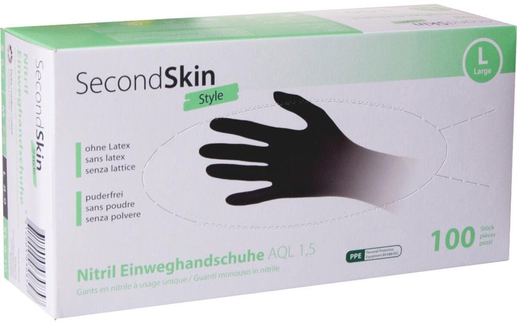 SecondSkin Gant jetable Nitril L, Noir, 100 Pièce/s
