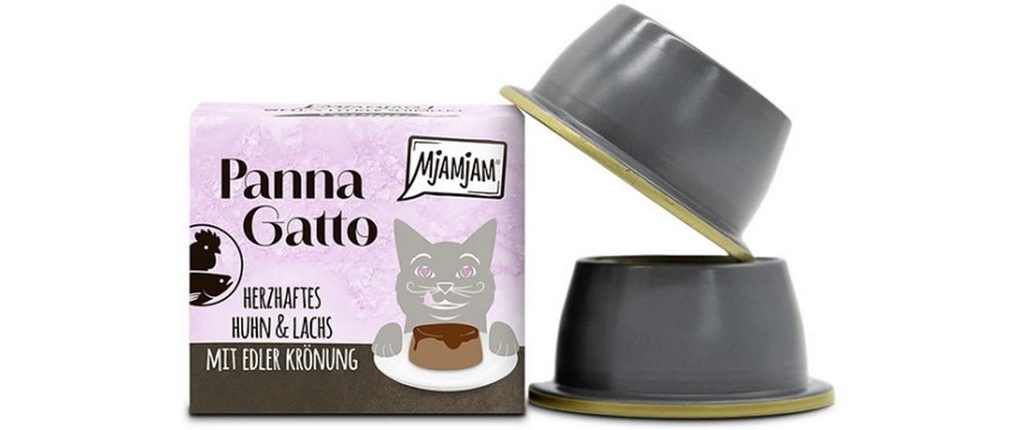 Mjamjam Panna Gatto de poulet et de saumon avec un couronnement noble, 2 x 80 g
