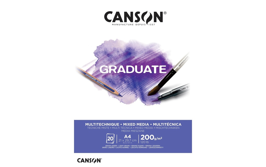 Canson Carnet de dessin Graduate Mixed Media A4, 20 feuilles