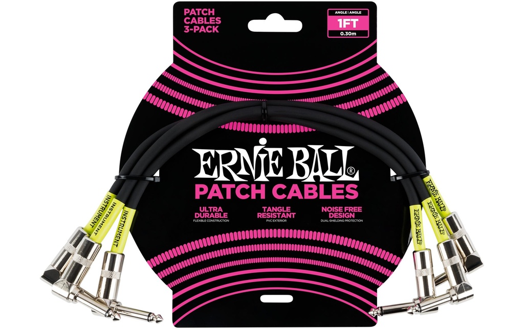 Ernie Ball Câble patch 6075 Paquet de 3 - 0.3 m, Noir
