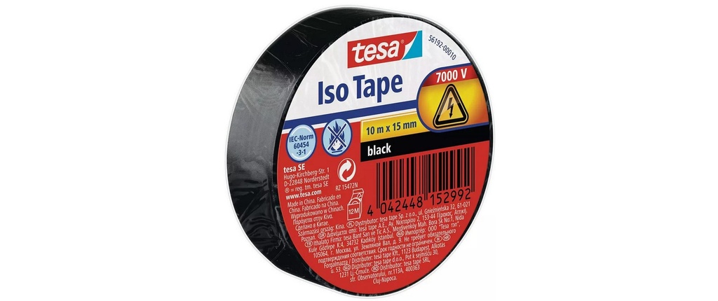 tesa Bande isolante -Set Iso Tape, 15 mm x 10 m, 5 rouleaux, Noir