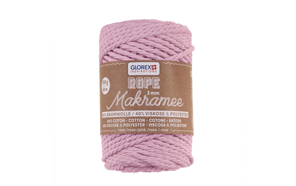 Glorex Laine Macramee Rope torsadé 63 m x 3 mm, 250g, rose