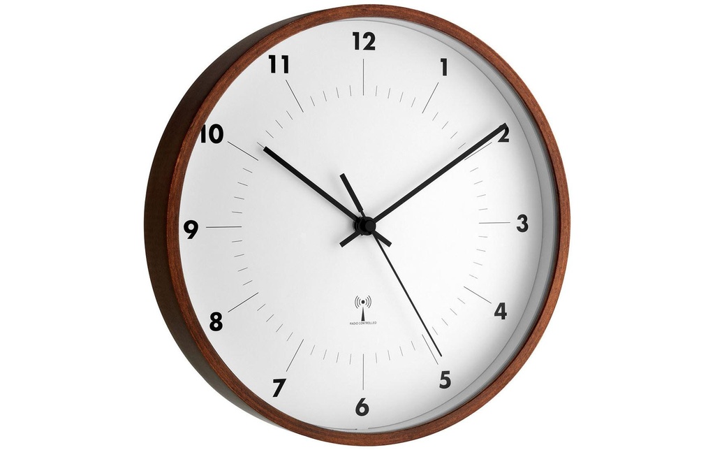 TFA Dostmann Horloge murale radio avec cadre en bois 25,5 cm, Brun/Blanc