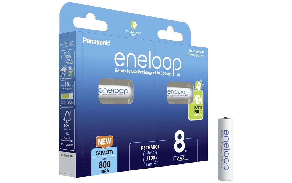 Panasonic Batterie Eneloop BK-4MCDE/8BE NiMH AAA 800 mAh, 8 Pièce/s