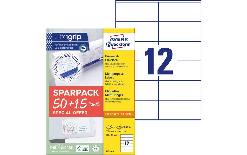 Avery Zweckform Étiquettes universelles 6175-65, 105 x 48 mm, 65 feuille