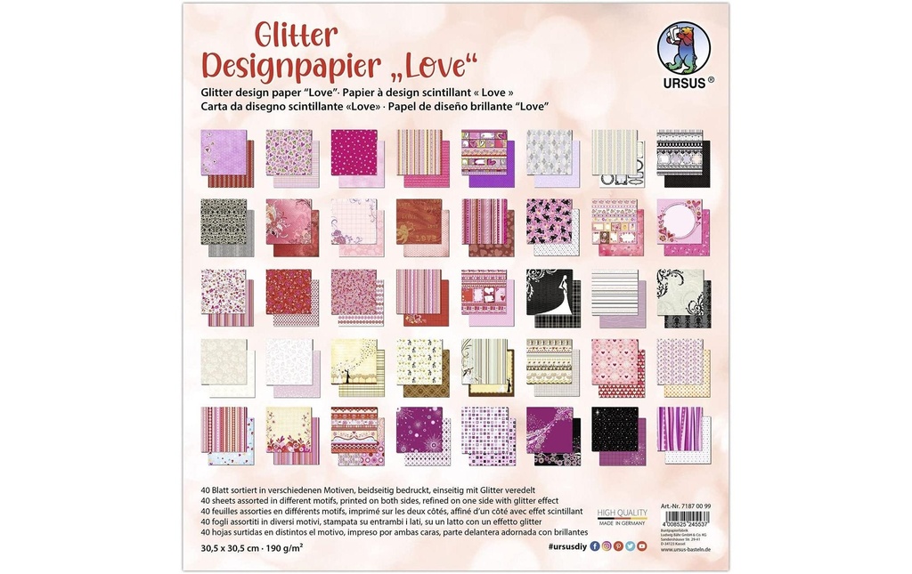 URSUS Papier de fantaisie Glitter Love 40 feuilles, 190 g/m