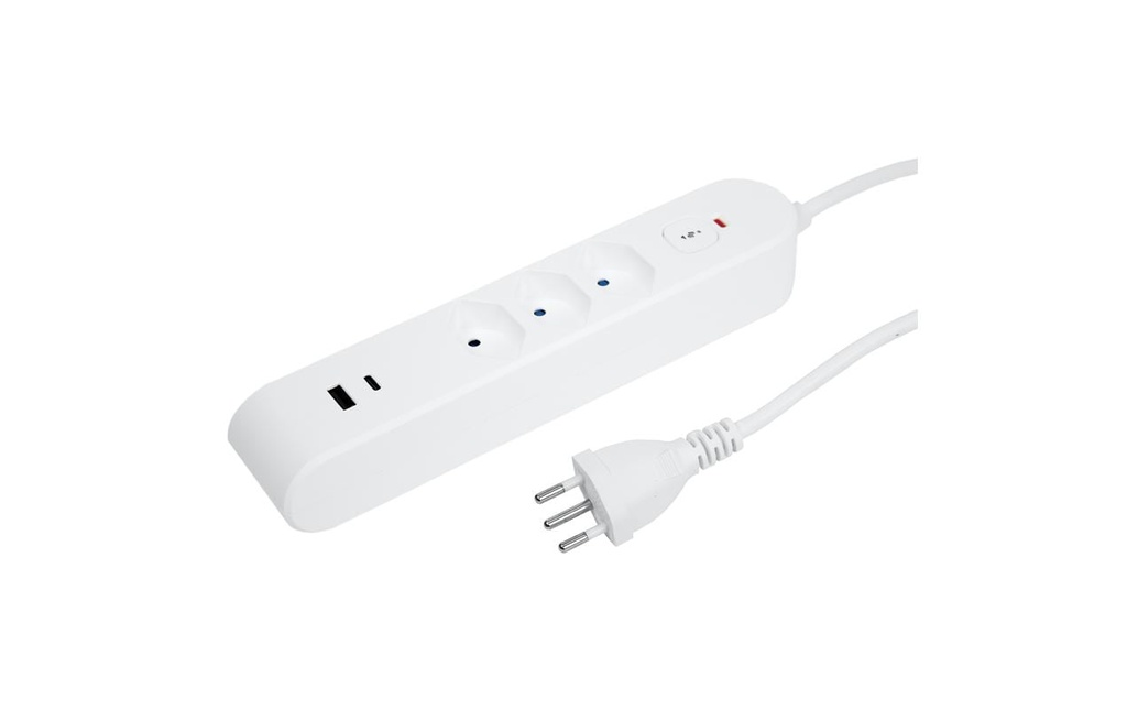 STEFFEN Bloc multiprises IQ 3 x T13, USB-A+C, Blanc, câble de 3 m