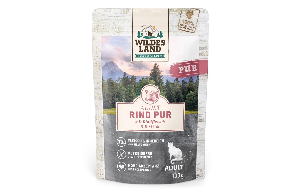 Wildes Land Alimentation humide Cat Adult Bœuf Pur avec Huile de Carthame 100 g