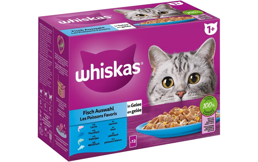 Whiskas Alimentation humide Sélection de poissons en gelée 1+, 12 x 85g