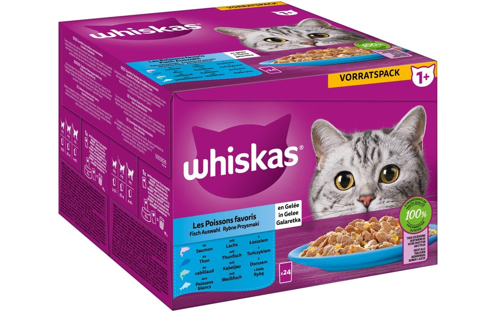 Whiskas Alimentation humide Sélection de poissons en gelée 1+, 24 x 85 g