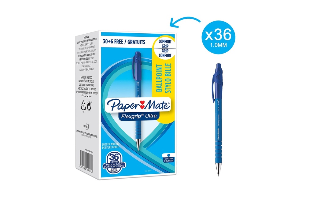 Paper Mate Stylo bille Flexgrip Ultra 1 mm, Bleu,  36 pièces