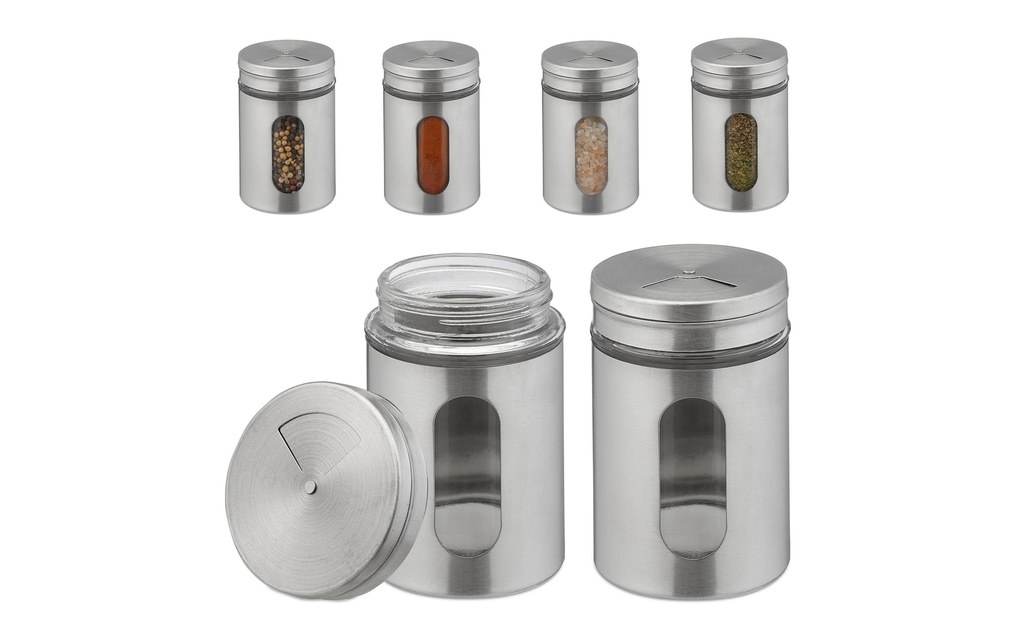 relaxdays Pot à épices XL Transparent/Argenté, 6 pièces