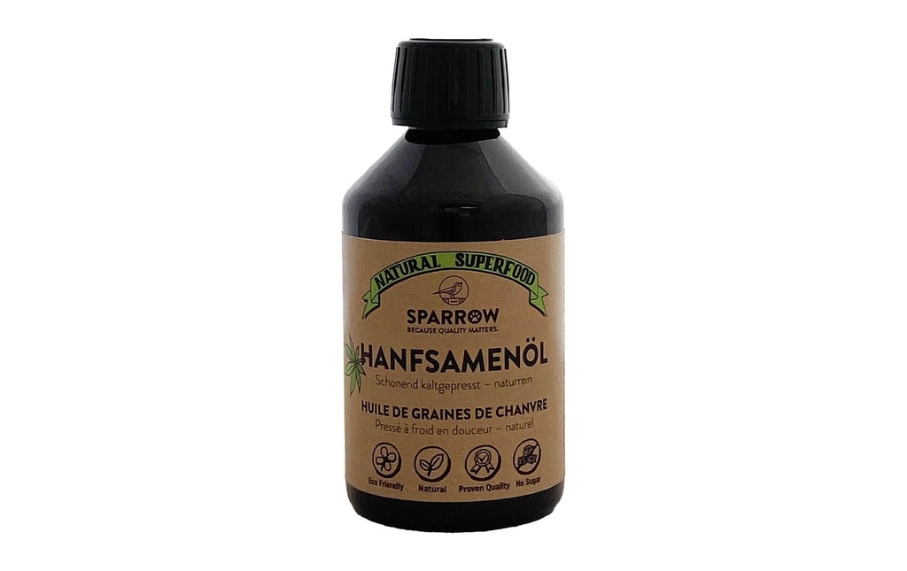 Sparrow Supplément alimentaire pour chiens Huile de graines de chanvre bio Pet, 250 ml