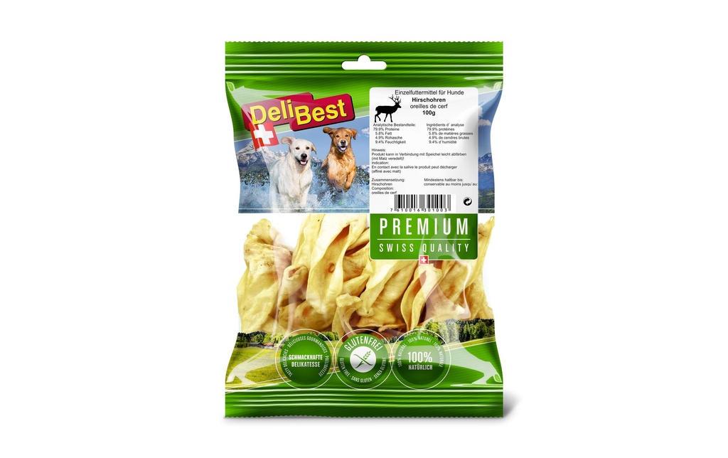 DeliBest Produit à mâcher  Oreilles de cerf de première qualité, 100 g