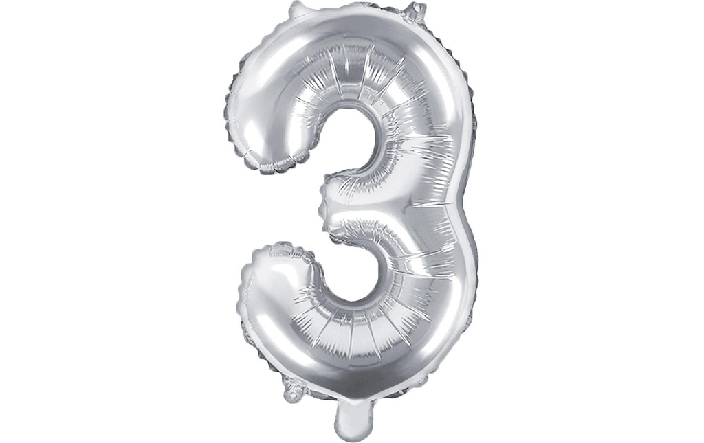 Partydeco Ballon en aluminium Chiffre 3 petit 35 cm, argent, 1 pièce