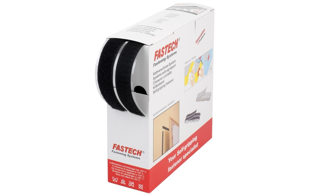 FASTECH Boîte de bande auto-agrippante 20 mm x 10 m autocollant, noir