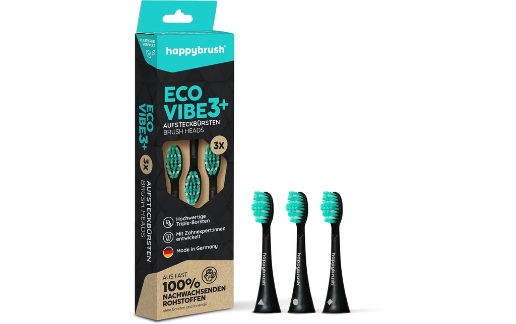 happybrush Tête de brosse à dents Eco Vibe 3+ 3 pièces, noir-menthe