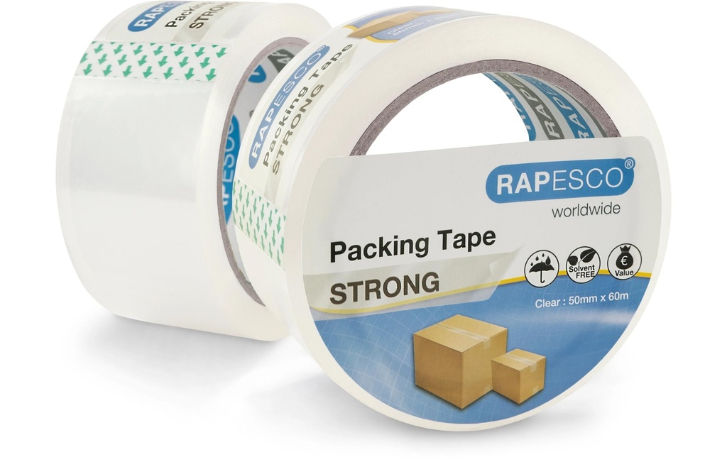Rapesco ruban d'emballage solide 50 mm x 60 m, transparent, 2 pièces