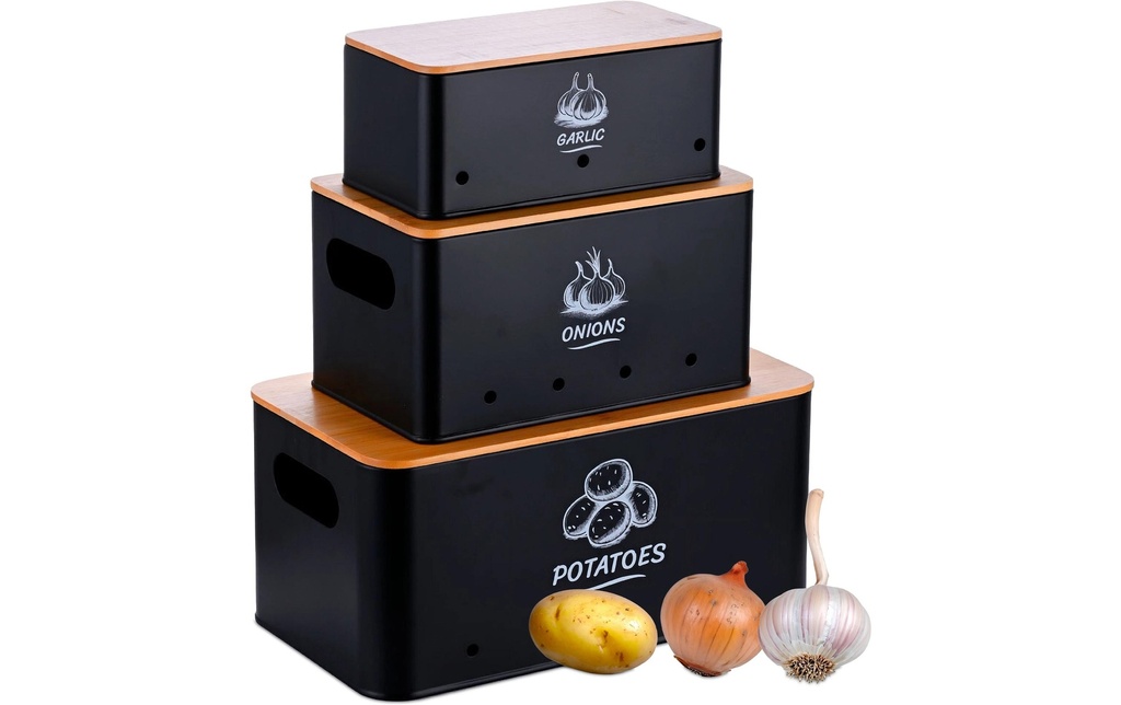 relaxdays Bac à pommes de terre Set de 3 pièces, noir/marron