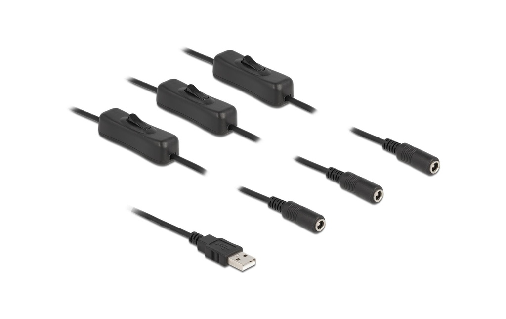 Delock Câble USB Connecteur USB-A vers 3x DC 5.5 x 2.1 mm Avec interrupteur